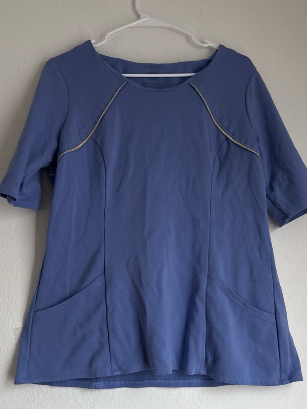 Jaanuu Short-Sleeve Scoop Neck Top in Slate Blue with Silver Piping